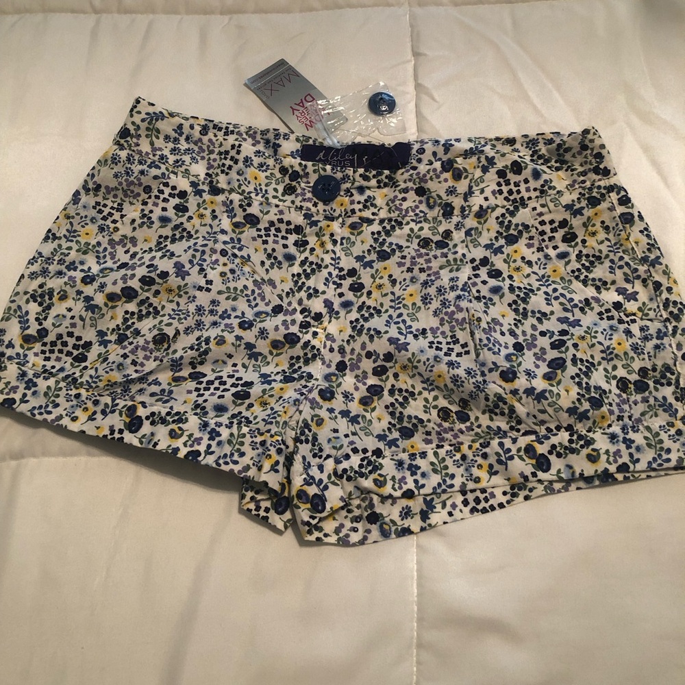 High Waist Blue and Yellow Shorts with Floral Print